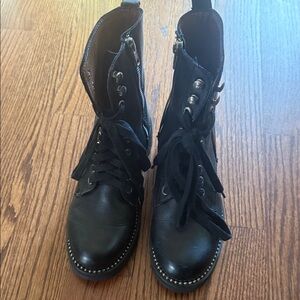 Aqua Black Leather Combat Boots
